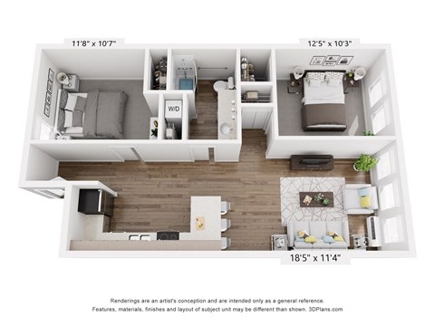 a stylized floor plan with a bedroom and a living room